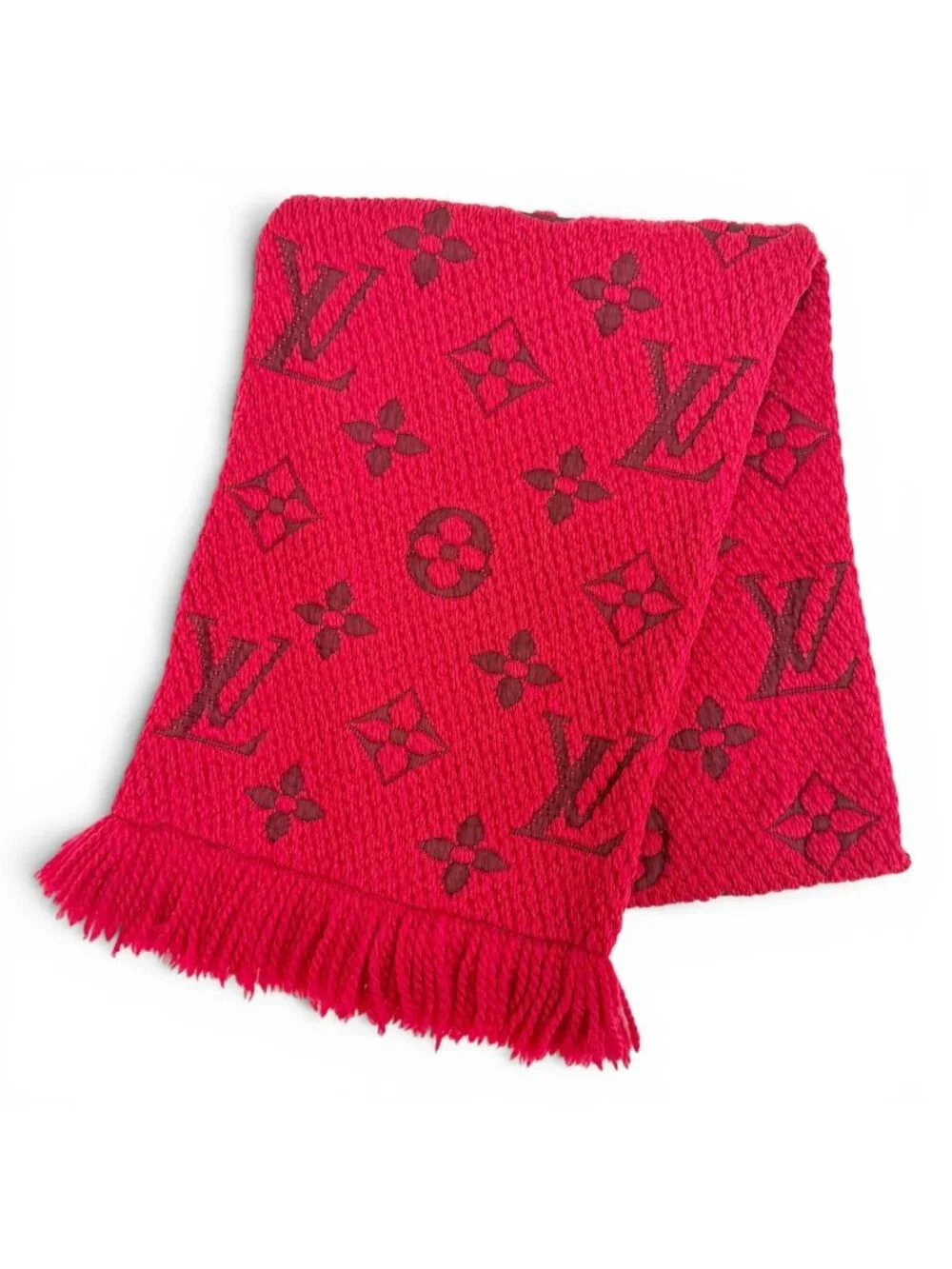 Louis Vuitton Echarpe Logo Mania Wool Silk Ruby Monogram Fringe Scarf